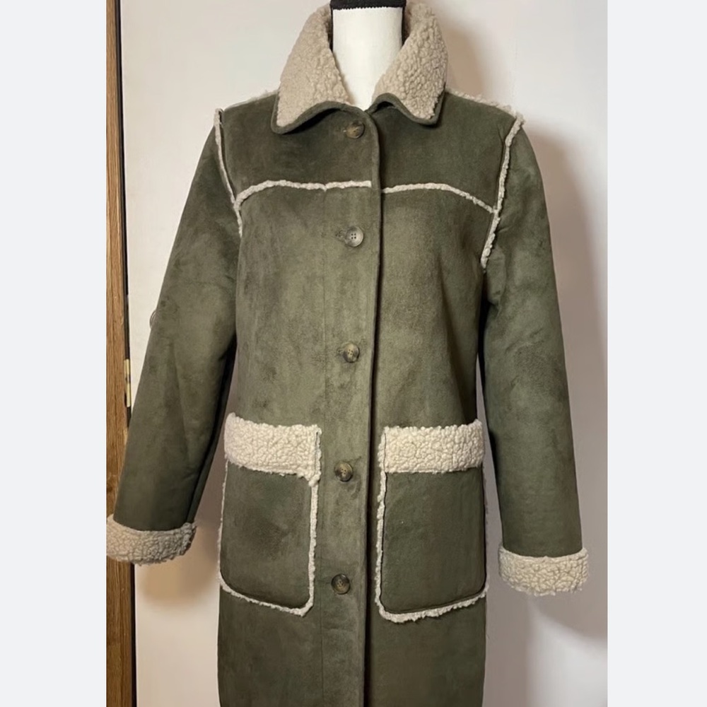 Michael Kors Faux Shearling Coat Olive Hazelnut Warm Winter Size Large. NWT. - Picture 1 of 11